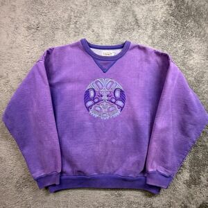 Vintage Fuzzy Stonewash Native Tribal Sweater Purple Crew Neck S Canada Pullover